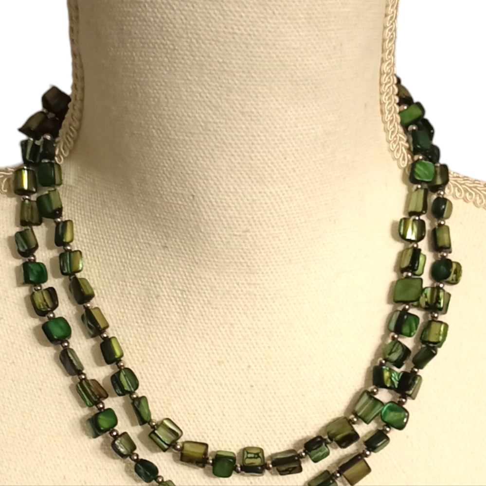 Mother of Pearl Green Beaded Double Strands Necklace